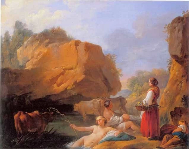Pastorelle che fanno il bagno e riposano presso una piscina con rocce, 1747